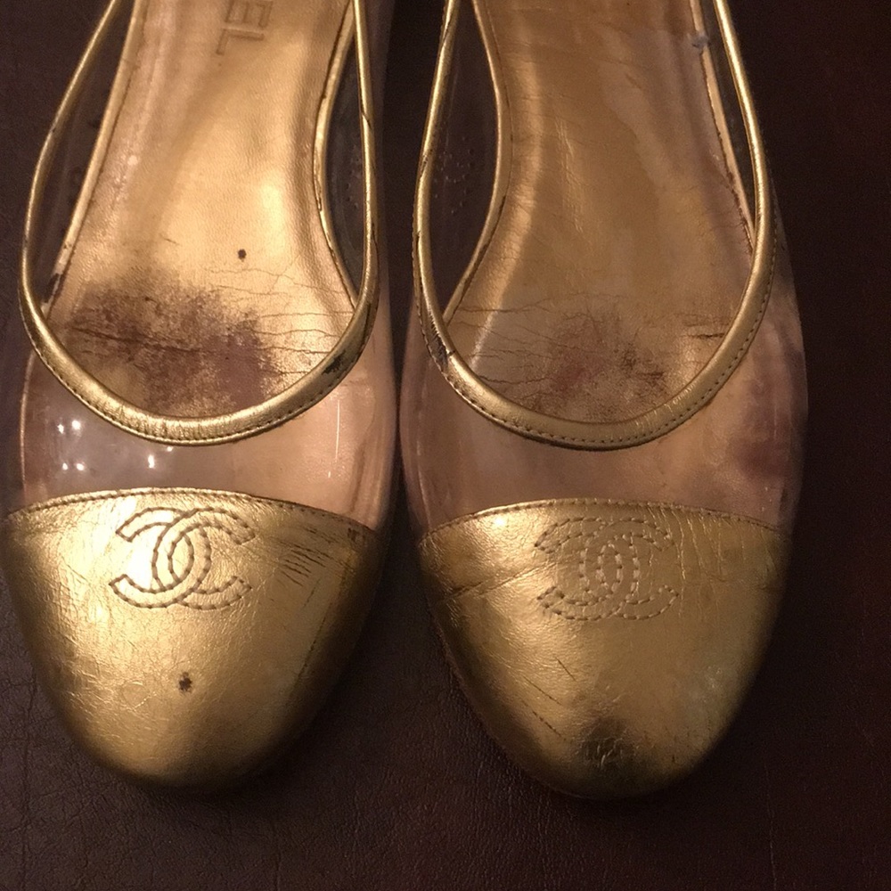 Chanel gold leather with plastic ballet flat